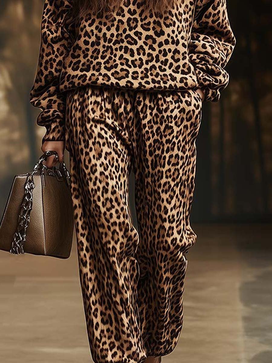 Fashion Canberra I Lia Retro Casual Hooded Leopard Print Sweatshirt and Pants Two-piece Set