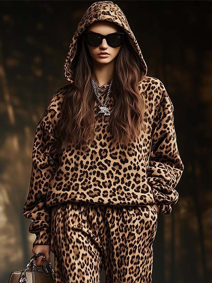 Fashion Canberra I Lia Retro Casual Hooded Leopard Print Sweatshirt and Pants Two-piece Set